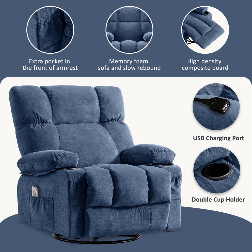 JONPONY Manual Recliner Chair with Heat Therapy and Massage Function. Heavy Duty Reclining Mechanism Massage Chair. Elderly Single Rocker Sofa with Cup Holders for Bedroom Home Theater.Grey