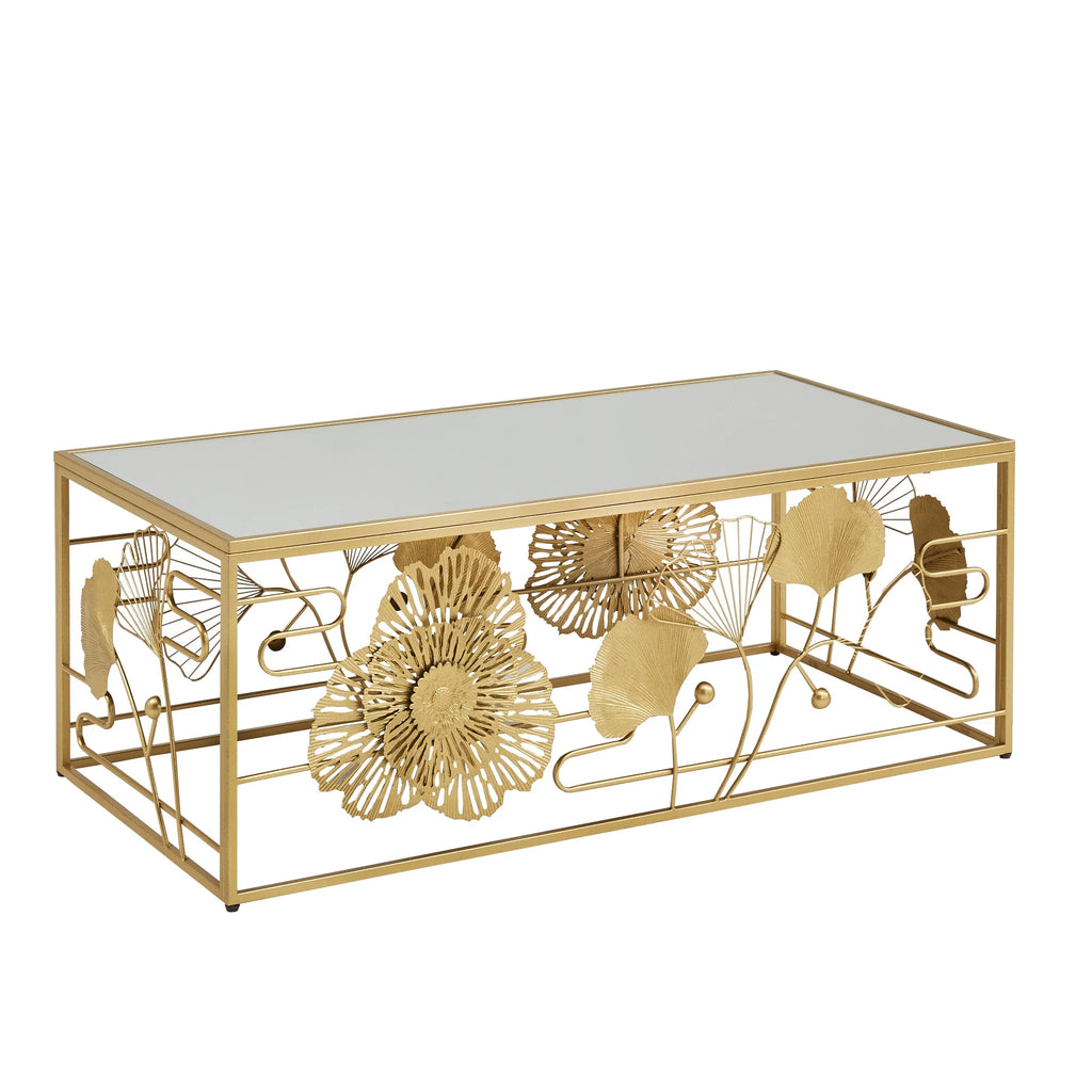 Weston Home Ditmas Glam Peony and Ginkgo Rectangular Coffee Table with Mirror Top. Gold