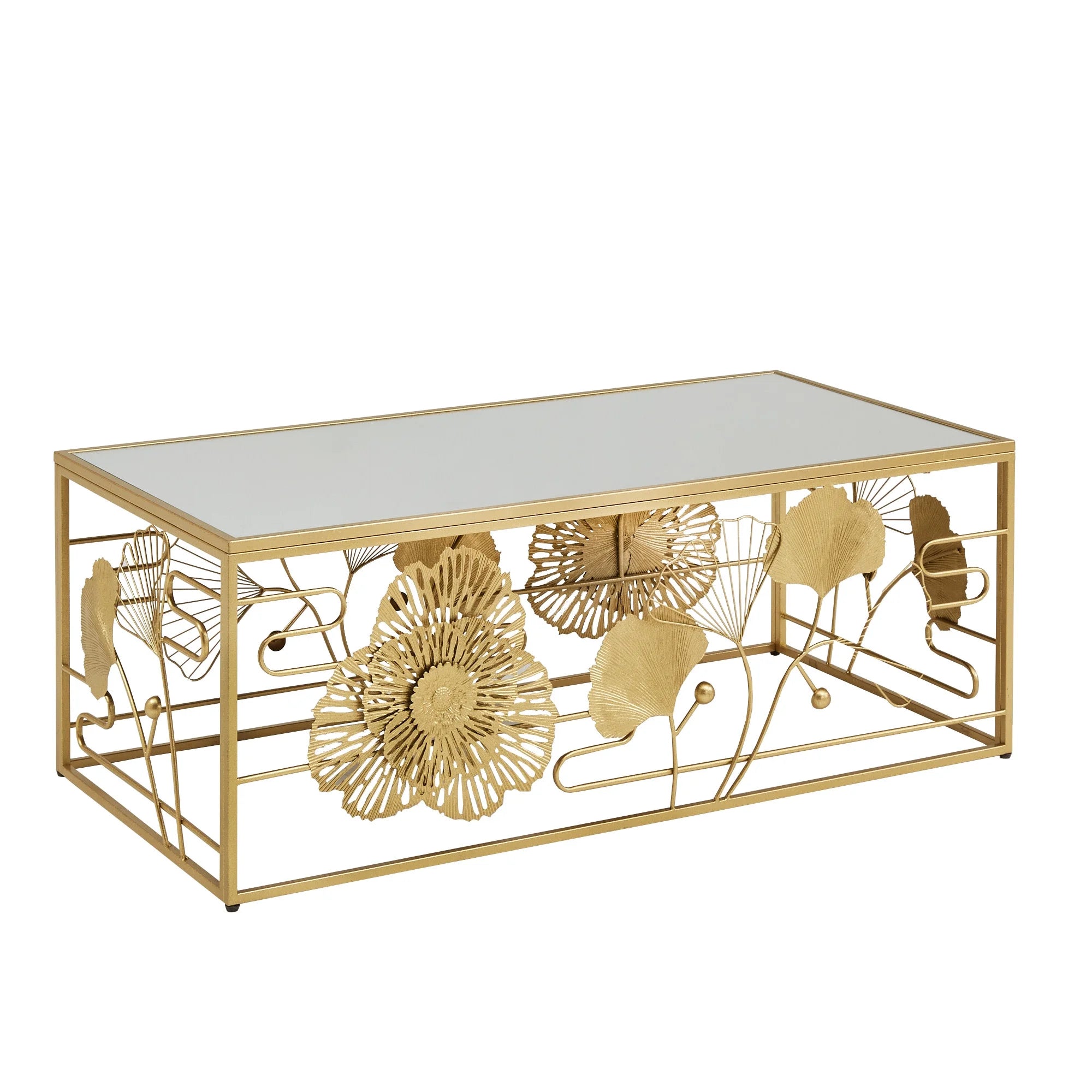 Weston Home Ditmas Glam Peony and Ginkgo Rectangular Coffee Table with Mirror Top. Gold