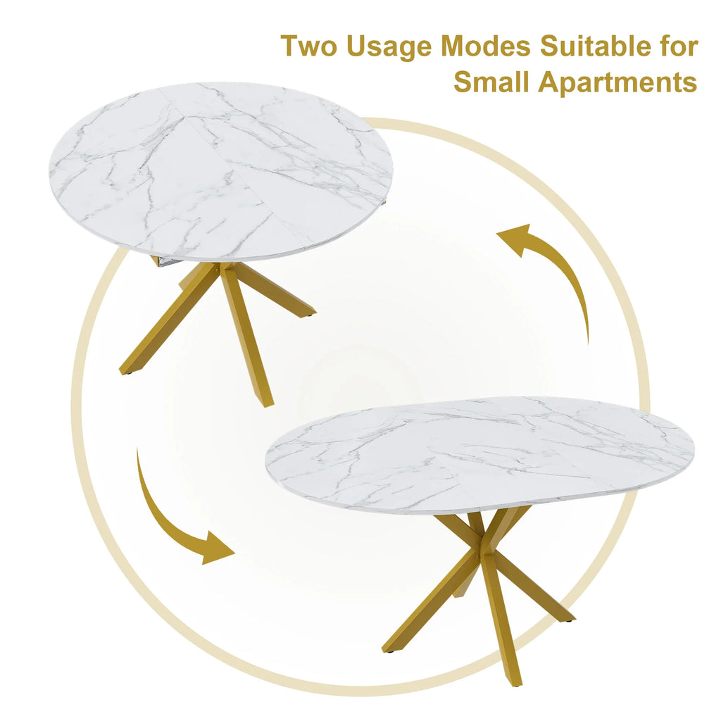 UHOMEPRO Extendable Dining Table with Extendable Blades. Modern Round Kitchen Table with Faux Marble Tabletop. Single Dining Room Table with Carbon Steel X-shaped Base for Dining Room. White+Gold