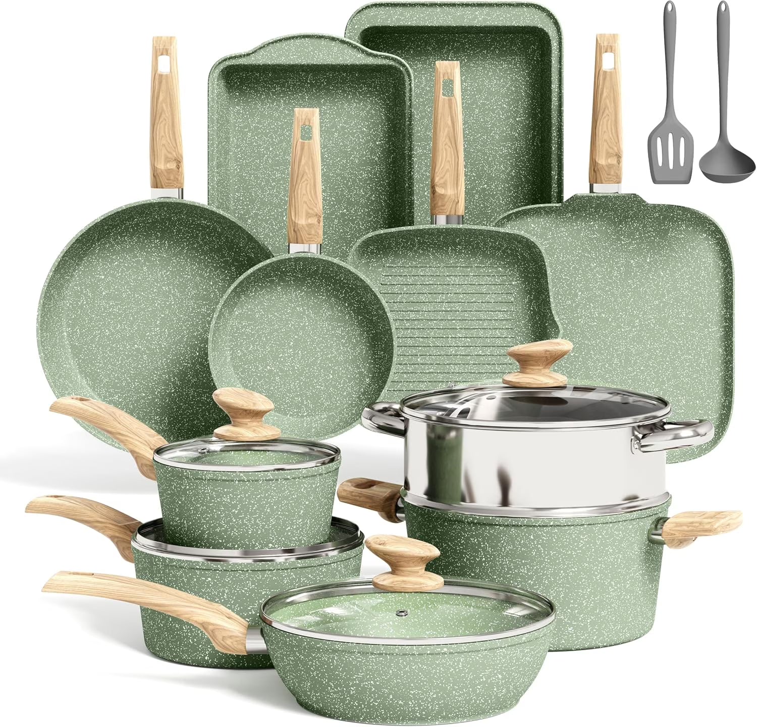 Kitchen Academy 17 Pieces Induction Cookware Set with Griddle. Green Granite Pots and Pans Set Non Stick. Healthy Nonstick Cooking Pans Set