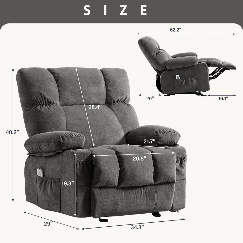 JONPONY Manual Recliner Chair with Heat Therapy and Massage Function. Heavy Duty Reclining Mechanism Massage Chair. Elderly Single Rocker Sofa with Cup Holders for Bedroom Home Theater.Grey