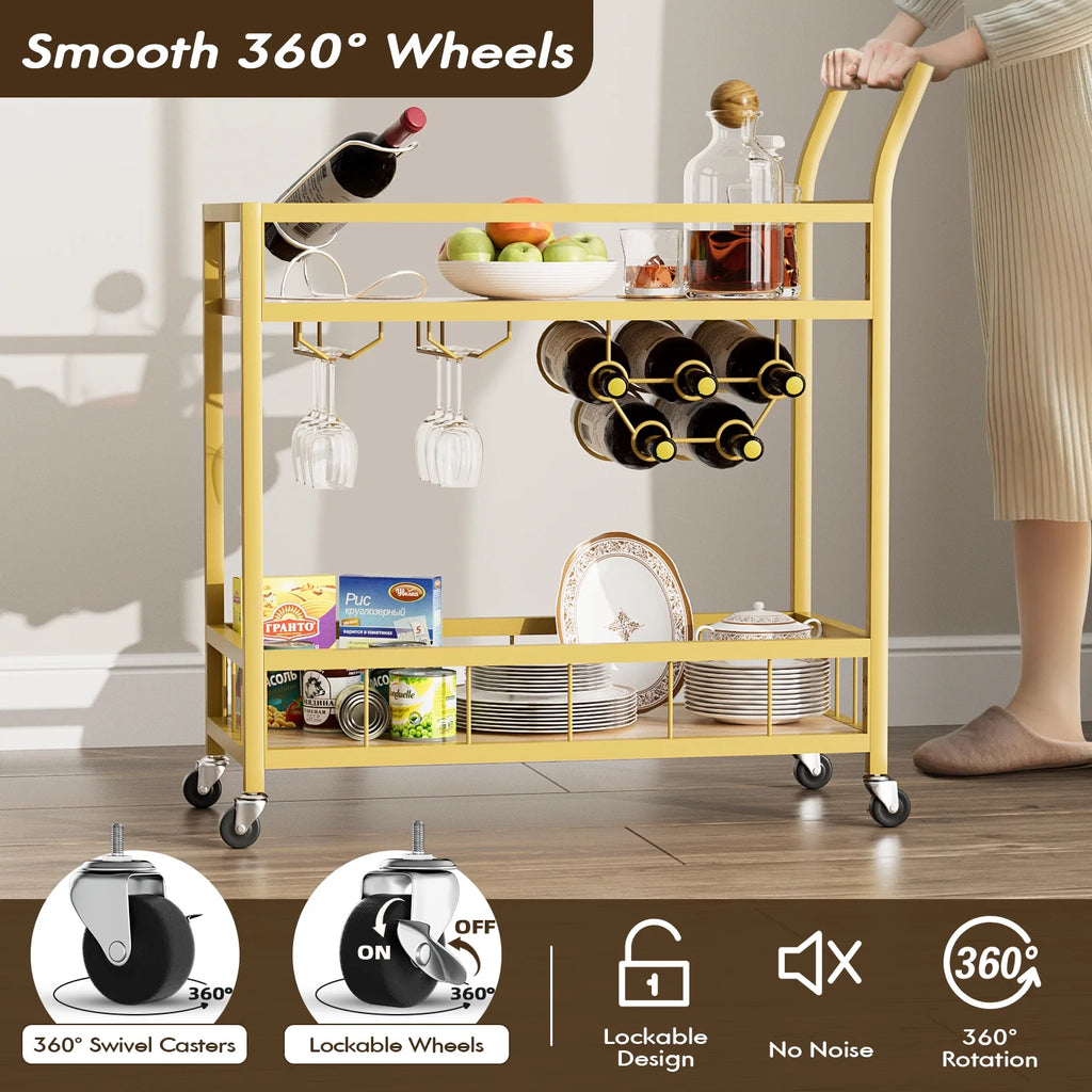 Vineego Bar Cart Home Industrial Mobile Bar Cart Serving Wine Cart on Wheels with Wine Rack and Glass Holder 2 Wood Storage Shelves for Living Room. Kitchen. Party (Gold)