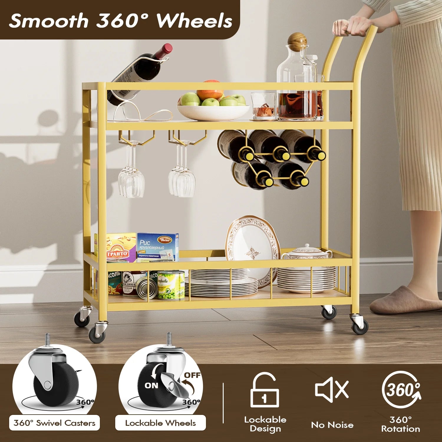 Vineego Bar Cart Home Industrial Mobile Bar Cart Serving Wine Cart on Wheels with Wine Rack and Glass Holder 2 Wood Storage Shelves for Living Room. Kitchen. Party (Gold)