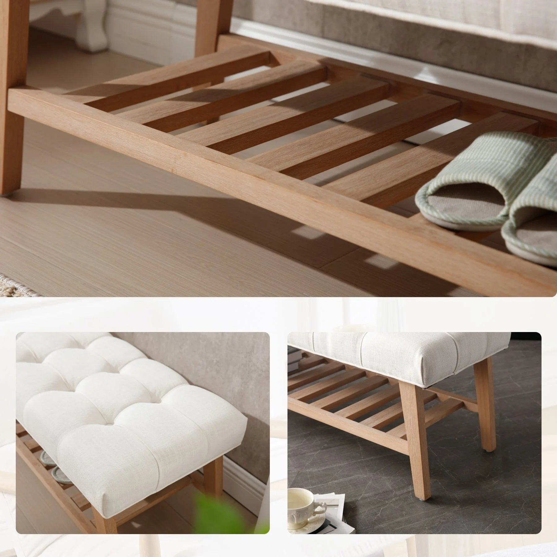 Dayalane Upholstered Storage Bench with Shoe Rack.Linen Fabric Entryway Bench for Living Room. Bedroom and Hallway. Multi Functional Ottoman with Solid Wood Shelf. Beige