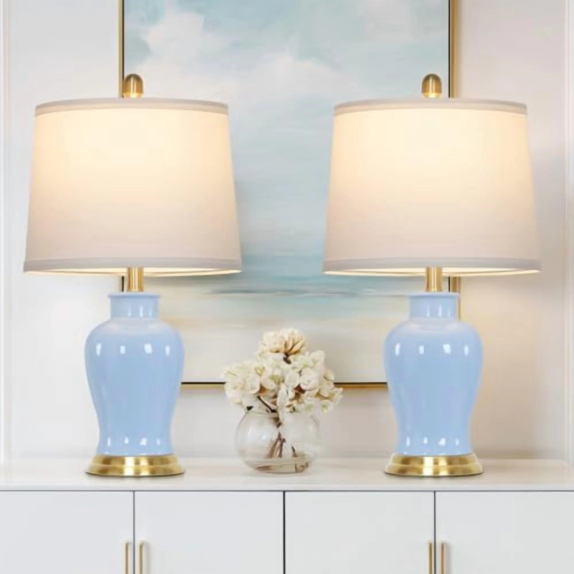Modern Ceramic Table Lamps Set of 2. 23 White Ceramic Lamps for Living Room. Rustic Farmhouse Bedside Lamp with Ginger Jar Design. Elegant Bedroom Lamp for Nightstand Desk Side End Table Home Decor