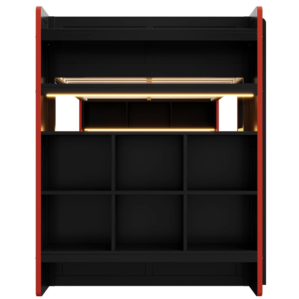 Euroco Wood Full Size Loft Bed with Desk and Shelves. Gaming Bunk Bed with LED Light and USB Charging. Black