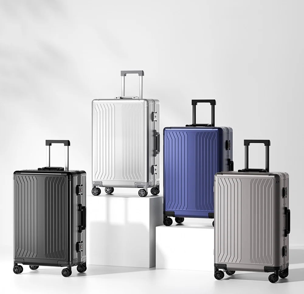 All Aluminum Magnesium Hardshell Carry on Luggage with Wheels. Modern Zipperless Hardshell Checked Luggage with TSA Lock. Airline Approved Metal Suitcase Travel Metal Rolling Luggage