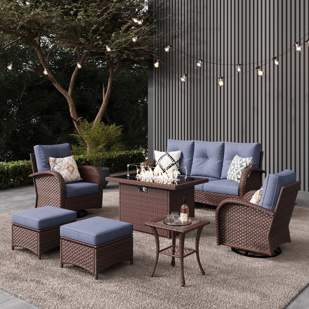 LayinSun 7 Pieces Outdoor Patio Furniture Set with Fire Pit Table. Rattan Wicker Sectional Swivel Rocker Chairs Sets