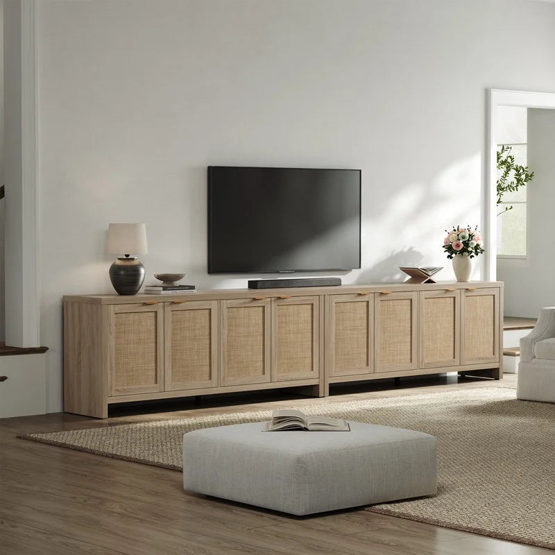 SICOTAS 61.5W Rattan TV Stand with 4 Doors. Boho Entertainment Center with Adjustable Shelves & Spacious Countertop �C Large Boho Farmhouse Media Console for Living Room. Reclaimed Caramel Oak