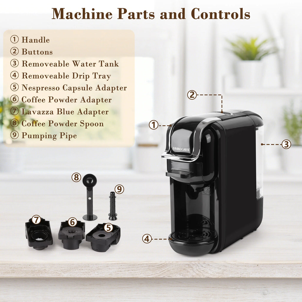 Espresso Maker for Nespresso Capsule. Lavazza Blue Capsule & Coffee Powder. 19 Bar Pump Pressure Makes Authentic Espresso Coffee. Mini Espresso Coffee Machines with Removable Water Tank.