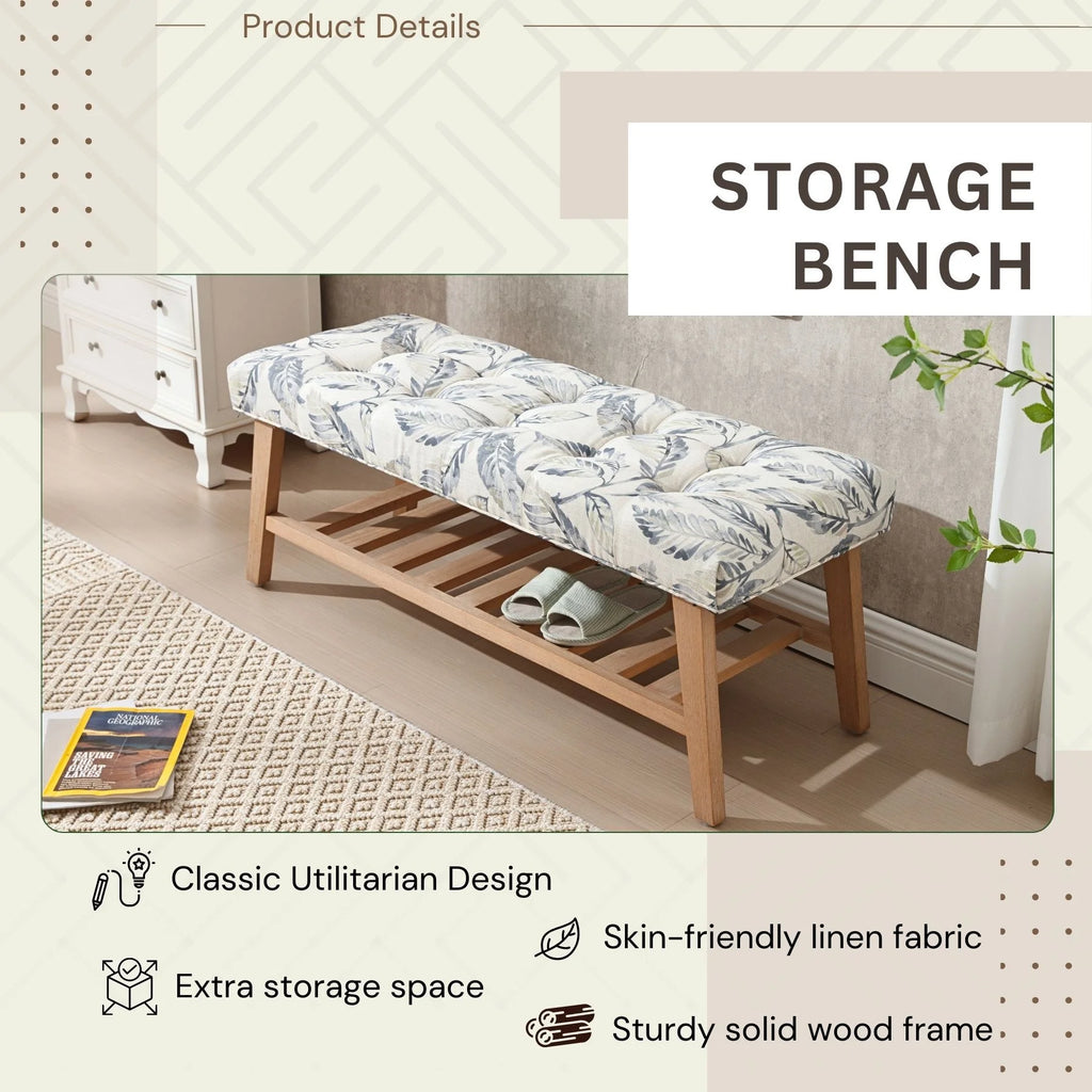 Dayalane Upholstered Storage Bench with Shoe Rack.Linen Fabric Entryway Bench for Living Room. Bedroom and Hallway. Multi Functional Ottoman with Solid Wood Shelf. Beige