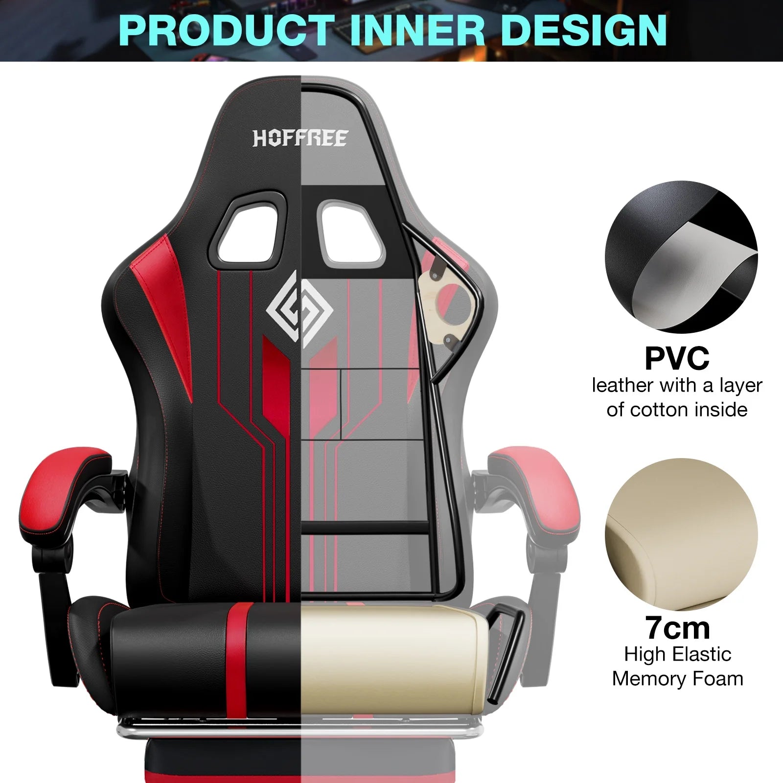 HOFFREE Big and Tall Gaming Chair with Speakers and RGB Lights. Gamer Chair with Footrest. Lumbar Support Height Adjustable 360-Swivel Seat and Headrest for Adults. 400lbs