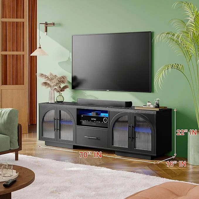 TV Stand for 75 inch TV. LED TV Stand for Living Room.70 Entertainment Center with Arched Glass Doors. Faux Marble Wood Finish Top. Adjustable Shelves. and LED Lighting. Black
