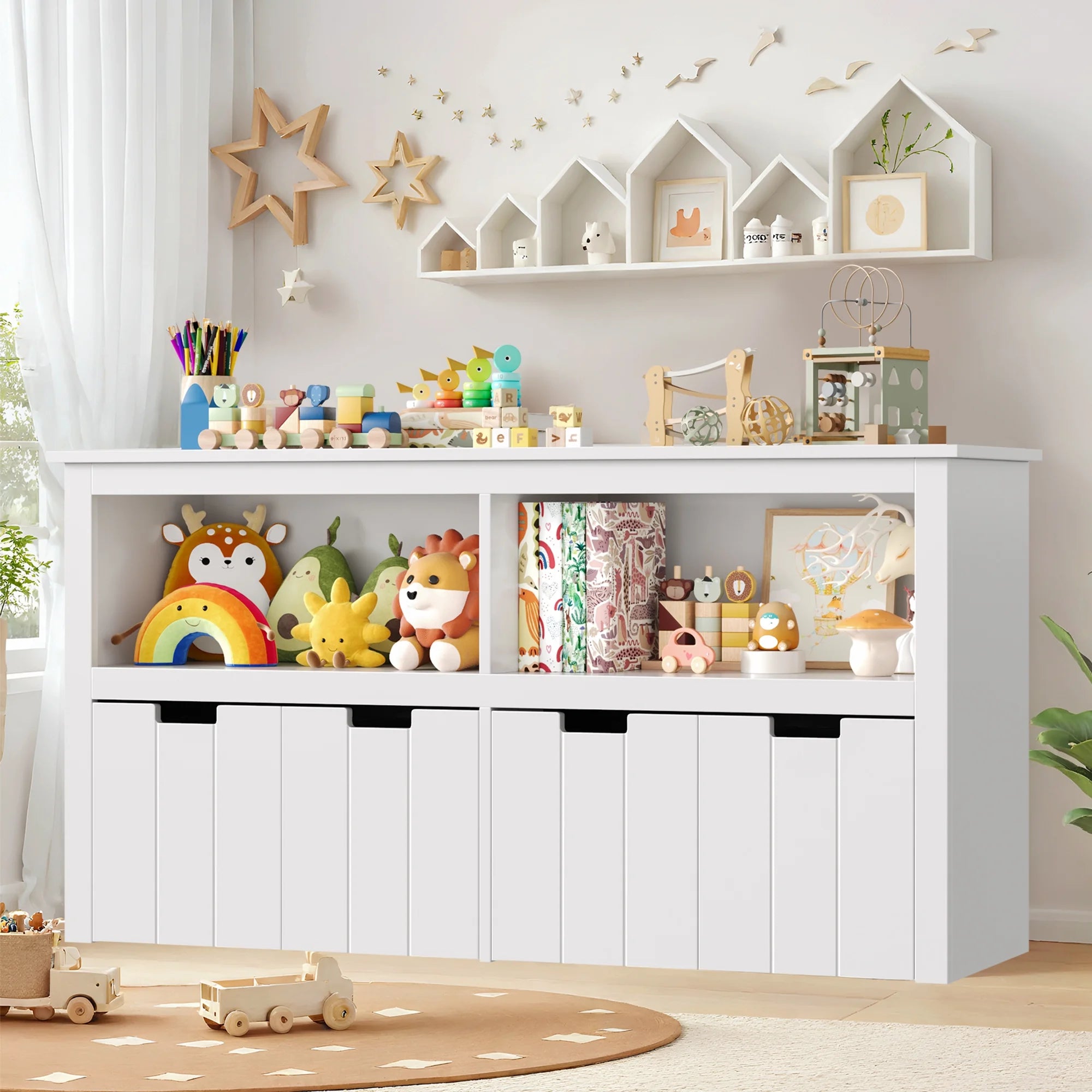 Homfa Kids Toy Storage with 4 Drawers. Cubes Storage Bin with Shelves and Wheels for Kids Living Room. White
