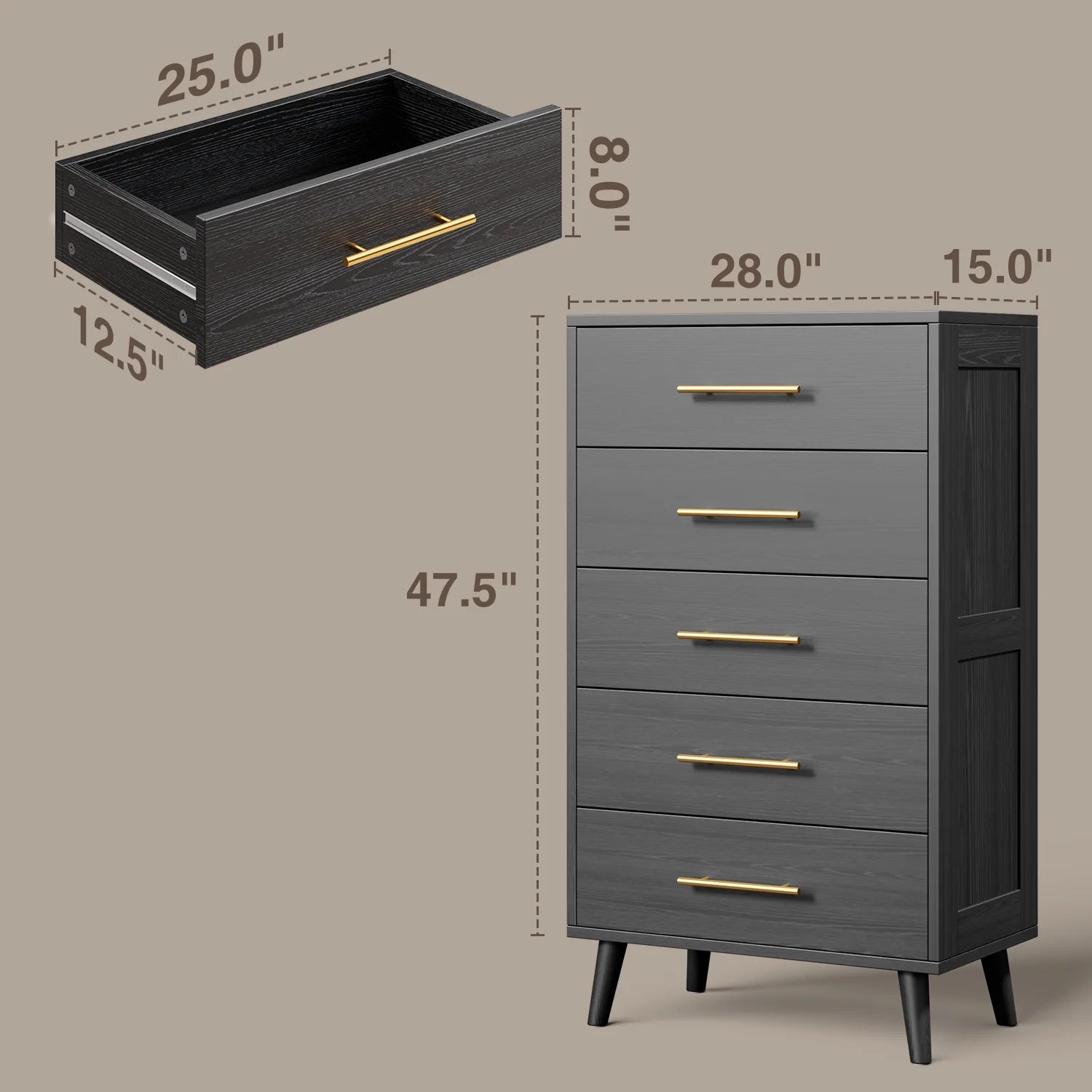 Bedroom Furniture Set - Includes Queen Bed Frame. Nightstands Set of 2. 5-Drawer Dresser & Double Wide 6-Drawer Dresser - Modern Storage Solution for Stylish Home Decor. Black