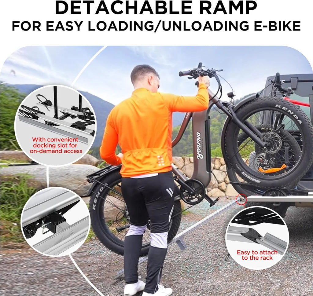 Young Electric Ebike Rack. 200lb Capacity. Alloy Steel Hitch Mount. Fits 5-Inch Fat Tire Bikes. 2-Inch Receiver