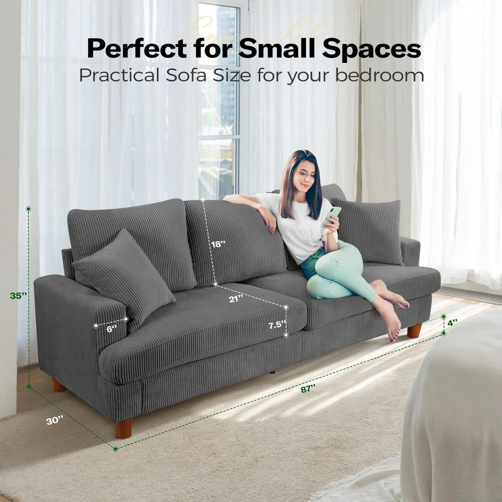87 Corduroy Sofa.3 Seater Sofa with Extra Deep Seats.Neche Comfy Upholstered Couch for Living Room.2 Pillows.Green