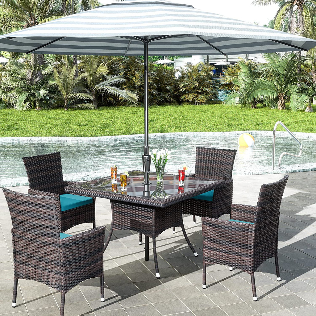 ALAULM 5 Pieces Patio Dining Set Outdoor Rattan Furniture with Square Glass Tabletop 4 Chairs with Cushions for Patio. Backyard Outdoor Kitchen Lawn & Garden Blue