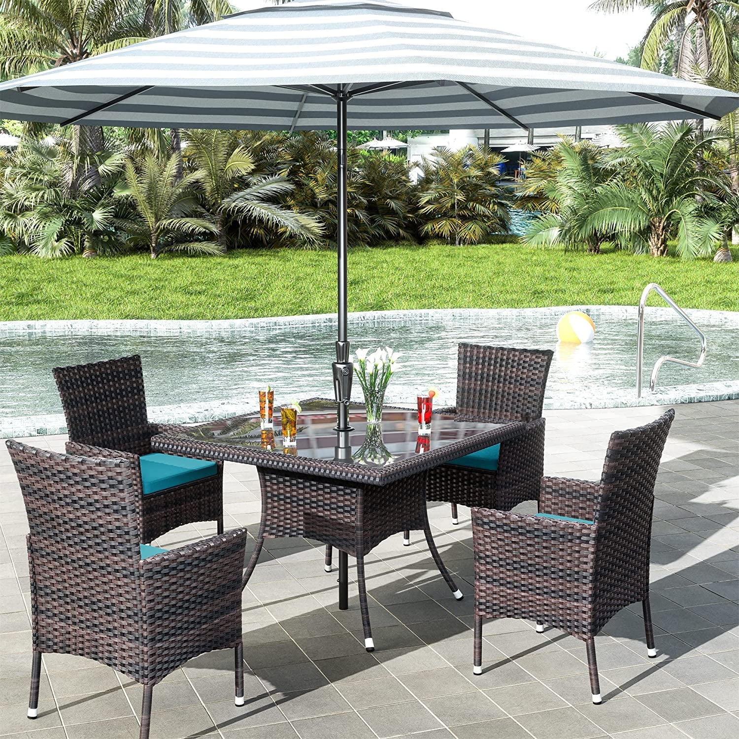 ALAULM 5 Pieces Patio Dining Set Outdoor Rattan Furniture with Square Glass Tabletop 4 Chairs with Cushions for Patio. Backyard Outdoor Kitchen Lawn & Garden Blue