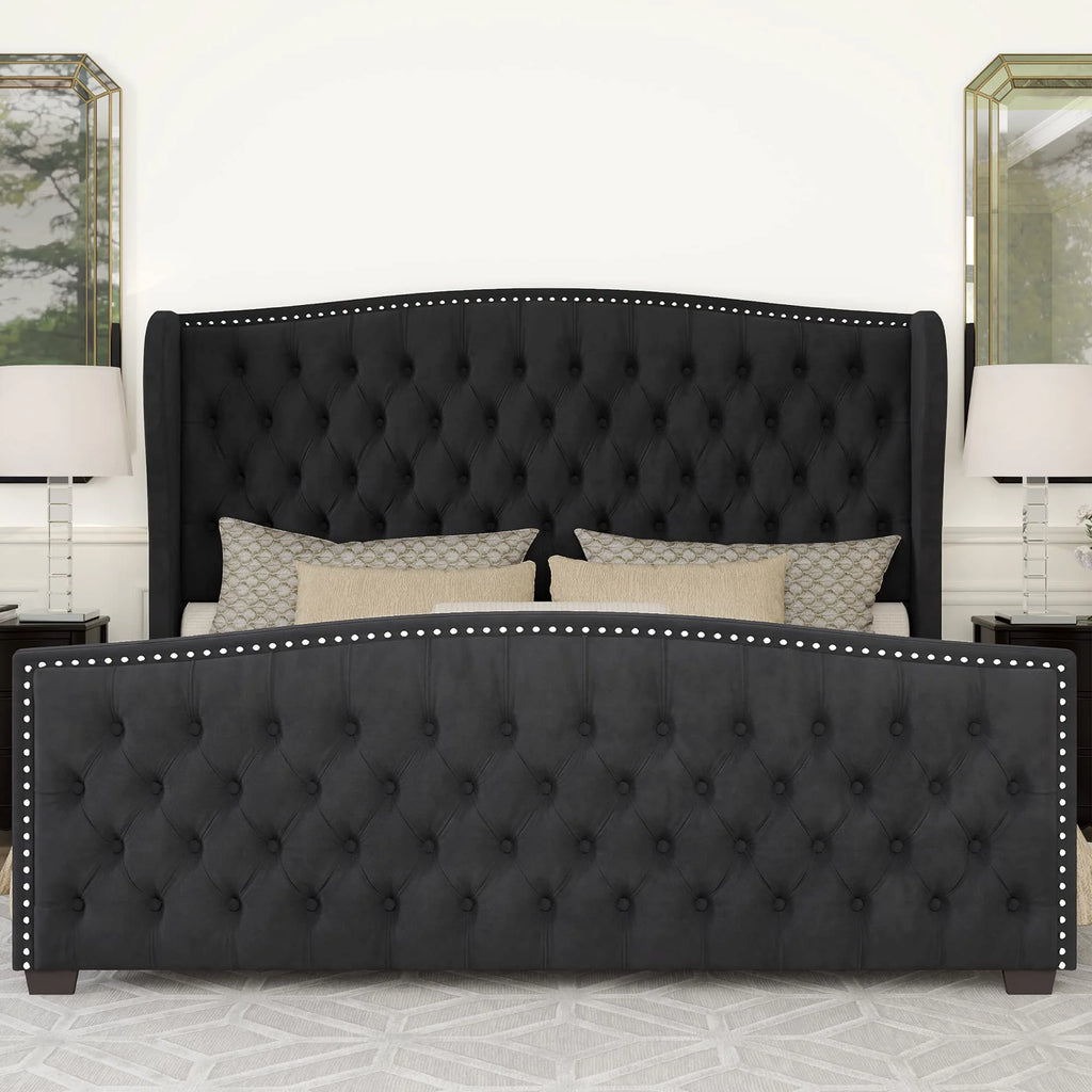 VANACC Queen Size Bed Frame. Velvet Upholstered Bed with Deep Button Tufted Wingback Headboard��Grey