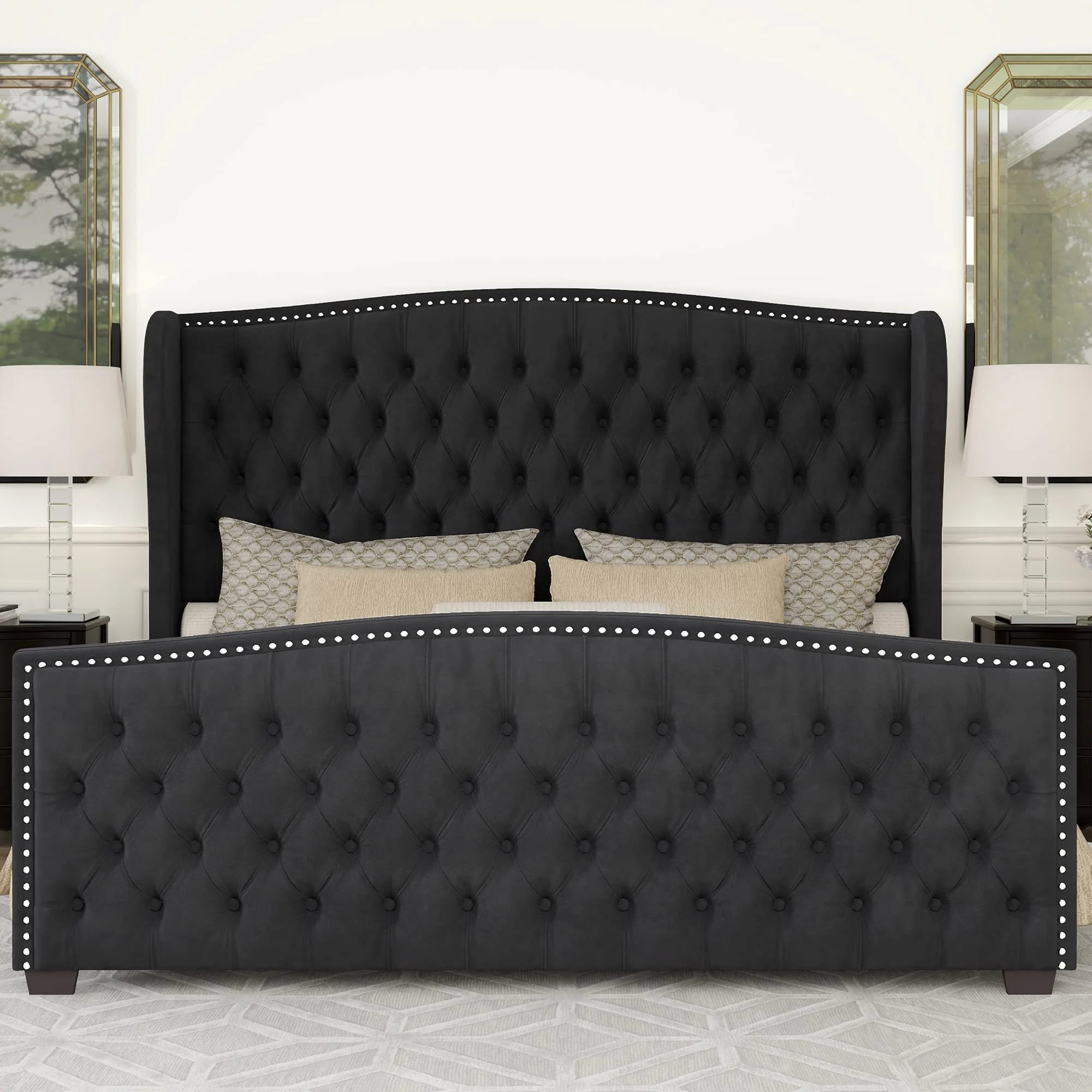 VANACC Queen Size Bed Frame. Velvet Upholstered Bed with Deep Button Tufted Wingback Headboard��Grey