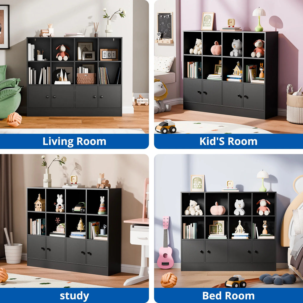 Cozy Castle 3-Tier Open Cube Bookcase with 12 Cubes and 4 Doors. Adjustable Shelves. White