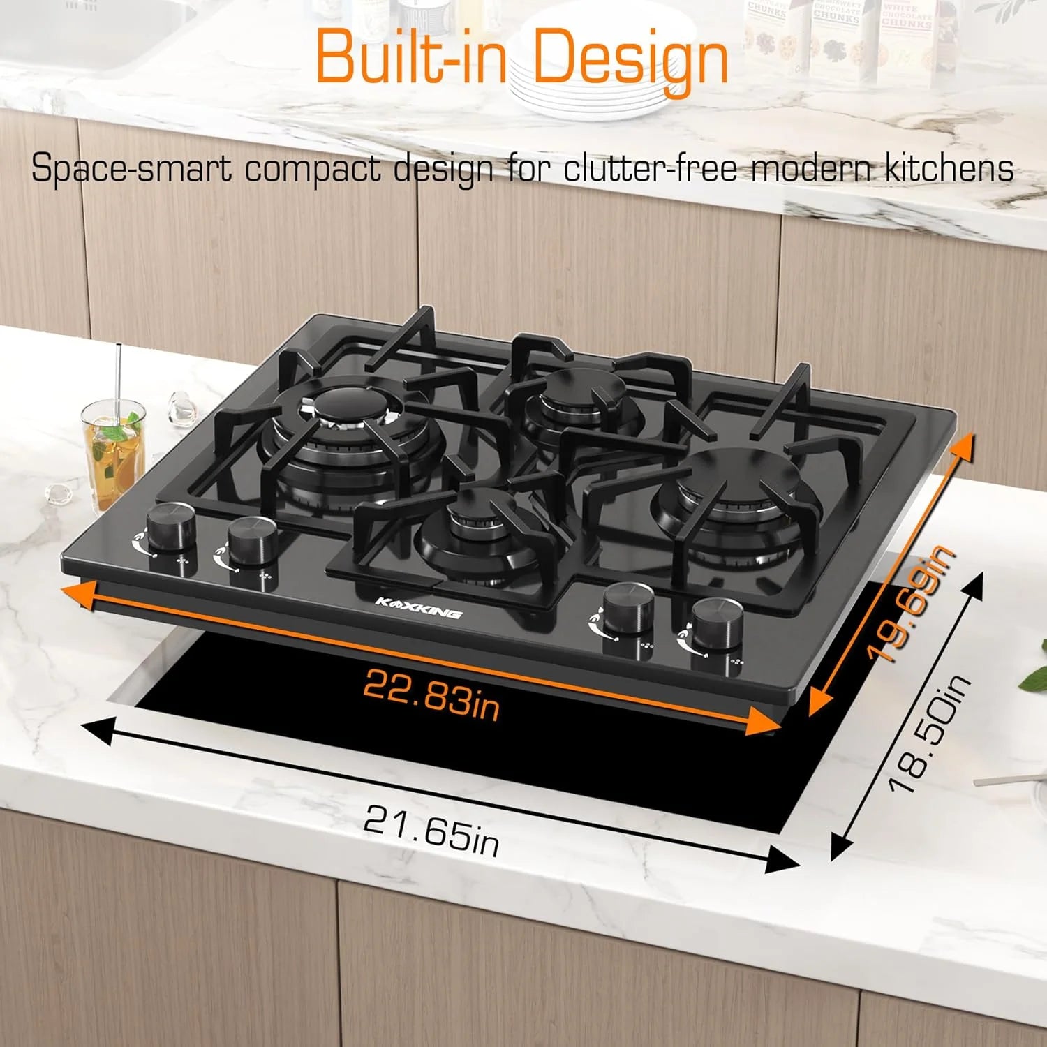 24 Inch Black Gas Cooktop - Built-in Dual Fuel Natural Gas & Propane Stove - 4 Burner Convertible Cooktop with Thermocouple Protection
