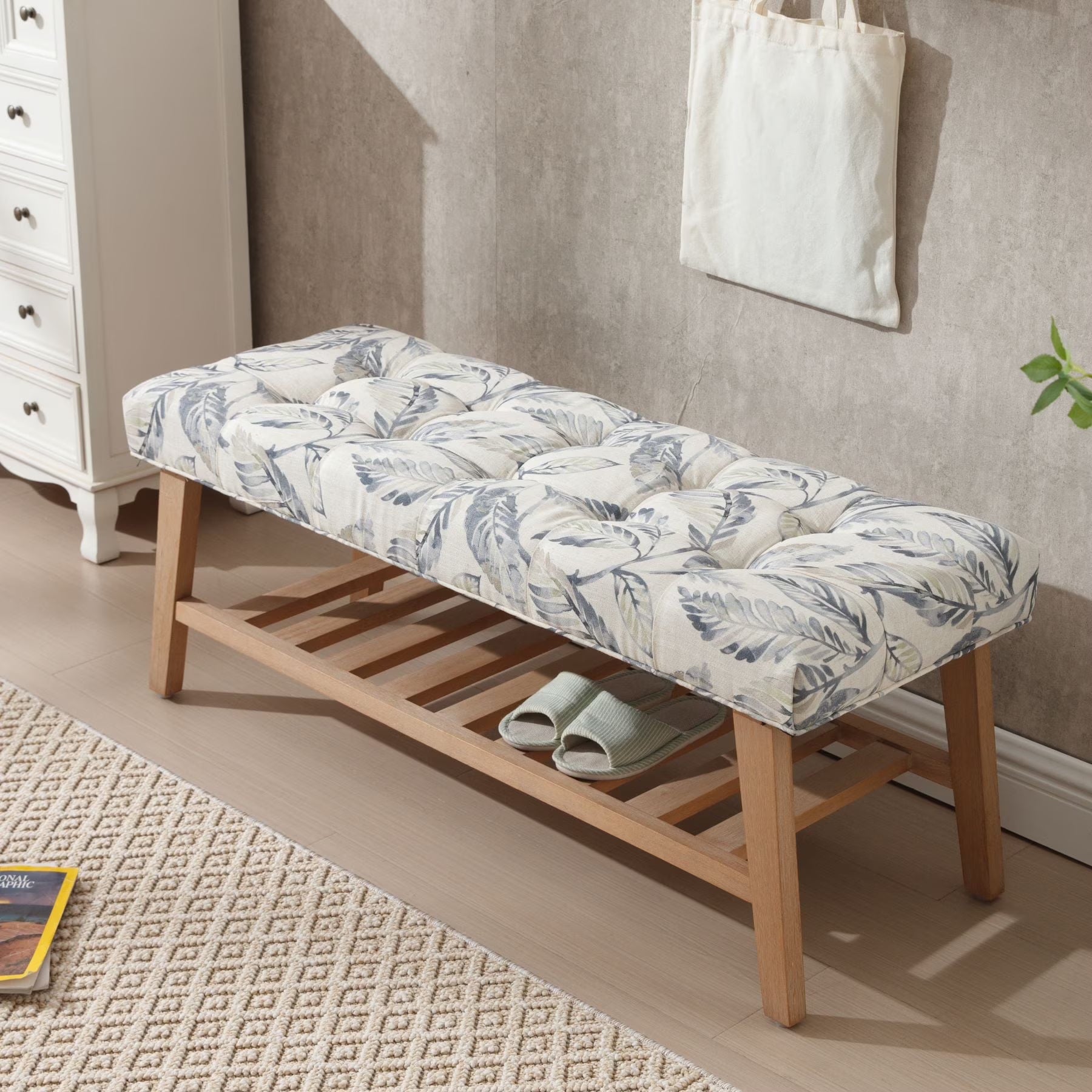 Dayalane Upholstered Storage Bench with Shoe Rack.Linen Fabric Entryway Bench for Living Room. Bedroom and Hallway. Multi Functional Ottoman with Solid Wood Shelf. Beige