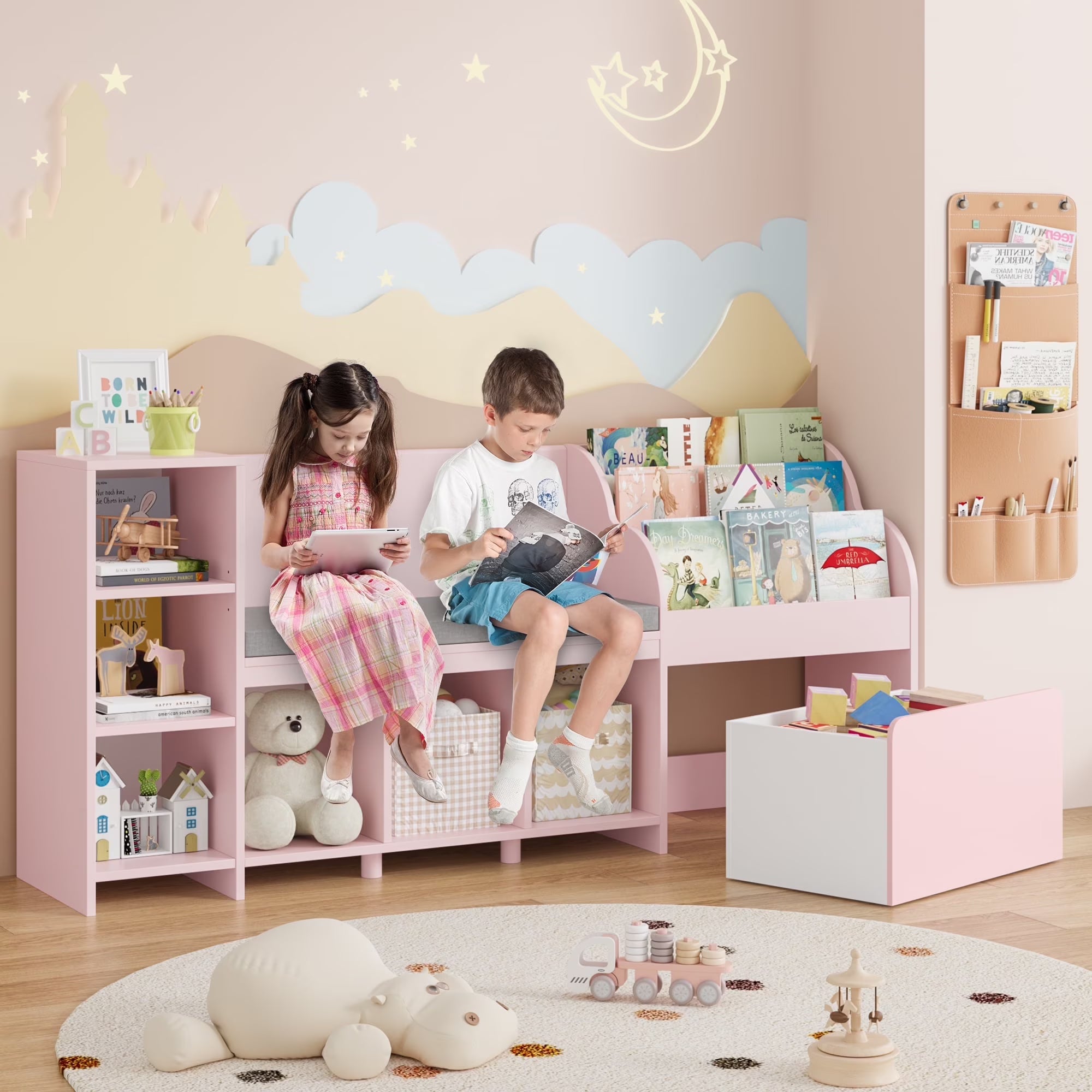 Homfa Kids Bookshelf with Reading Nook. 6 Shelf Bookcase with 1 Wood Toy Bin with 3 Tier Book Rack for Children Kidsroom