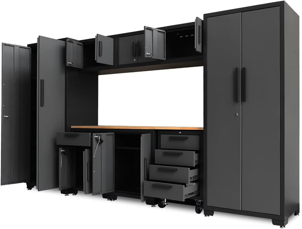 Big Red Garage Storage Cabinet Sets 9 piece Tool Organizer Workshop Cabinets with Lockers.Shelves and Wood Workbench.18.58D x 75.98W x 129.92H H.Black/Grey