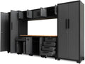 Big Red Garage Storage Cabinet Sets 9 piece Tool Organizer Workshop Cabinets with Lockers.Shelves and Wood Workbench.18.58D x 75.98W x 129.92H H.Black/Grey