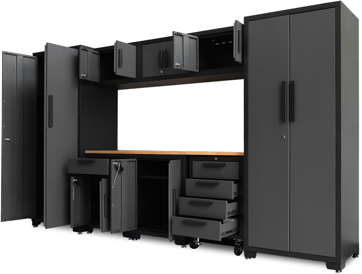 Big Red Garage Storage Cabinet Sets 9 piece Tool Organizer Workshop Cabinets with Lockers.Shelves and Wood Workbench.18.58D x 75.98W x 129.92H H.Black/Grey