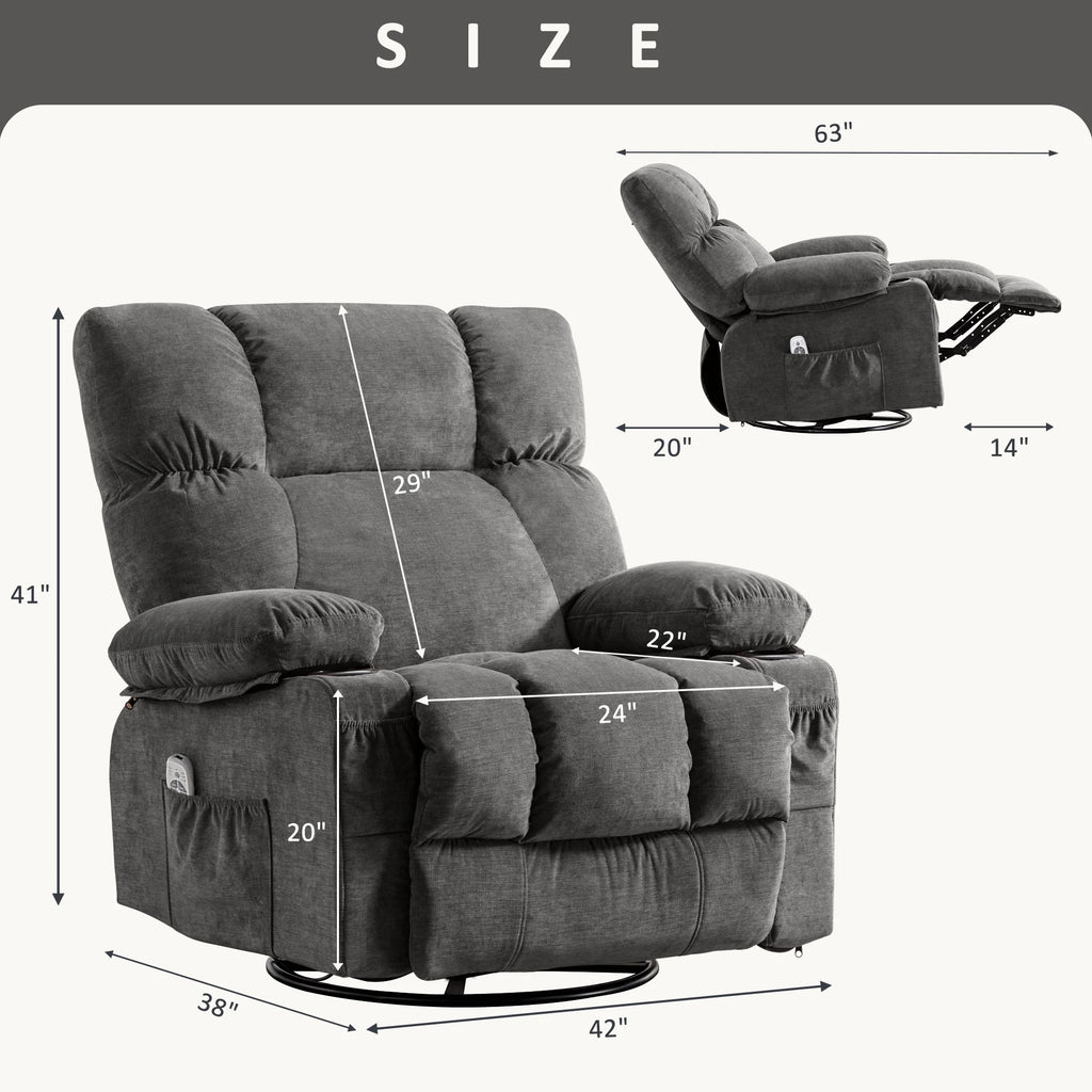 JONPONY Manual Recliner Chair with Heat Therapy and Massage Function. Heavy Duty Reclining Mechanism Massage Chair. Elderly Single Rocker Sofa with Cup Holders for Bedroom Home Theater.Grey