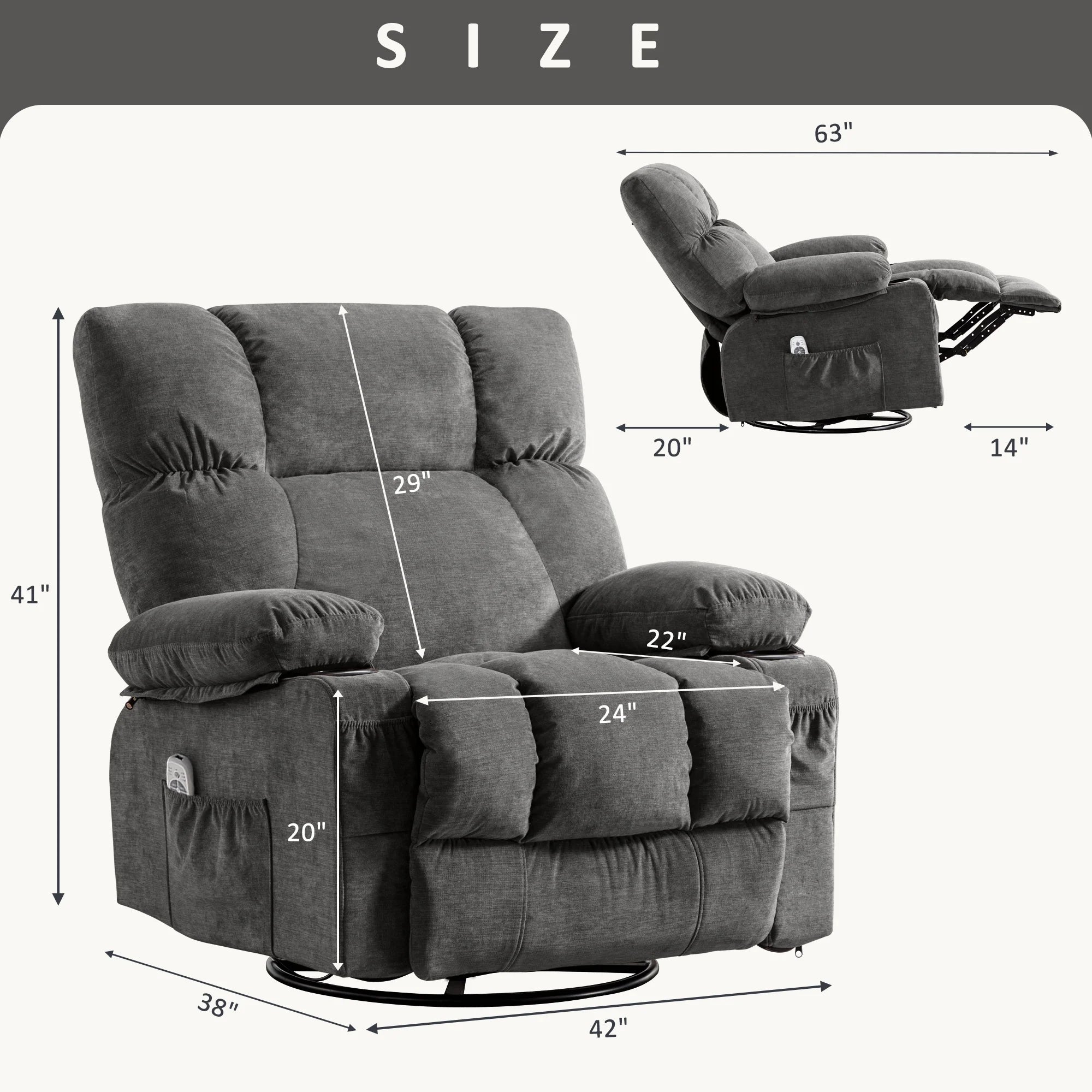 JONPONY Manual Recliner Chair with Heat Therapy and Massage Function. Heavy Duty Reclining Mechanism Massage Chair. Elderly Single Rocker Sofa with Cup Holders for Bedroom Home Theater.Grey