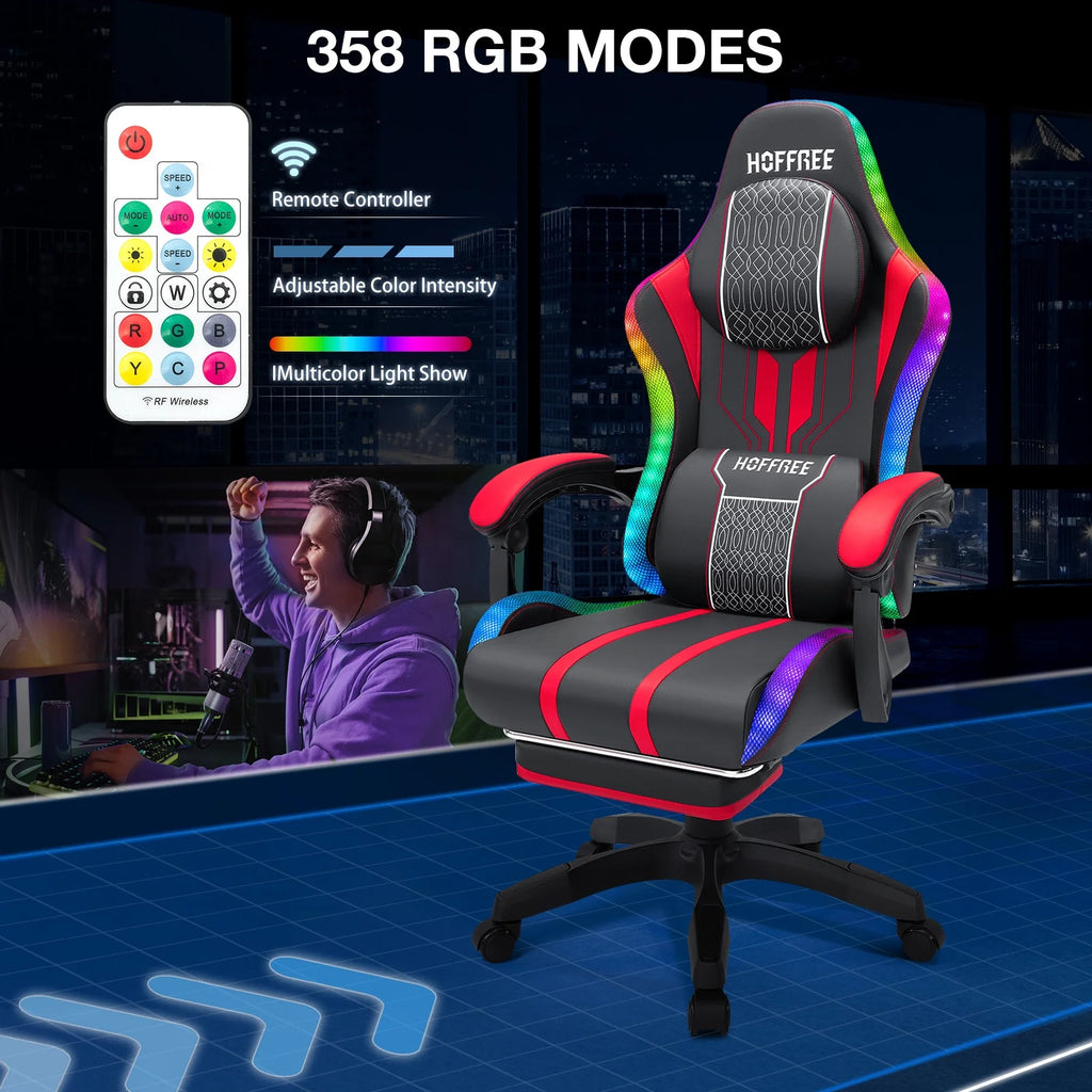 HOFFREE Big and Tall Gaming Chair with Speakers and RGB Lights. Gamer Chair with Footrest. Lumbar Support Height Adjustable 360-Swivel Seat and Headrest for Adults. 400lbs