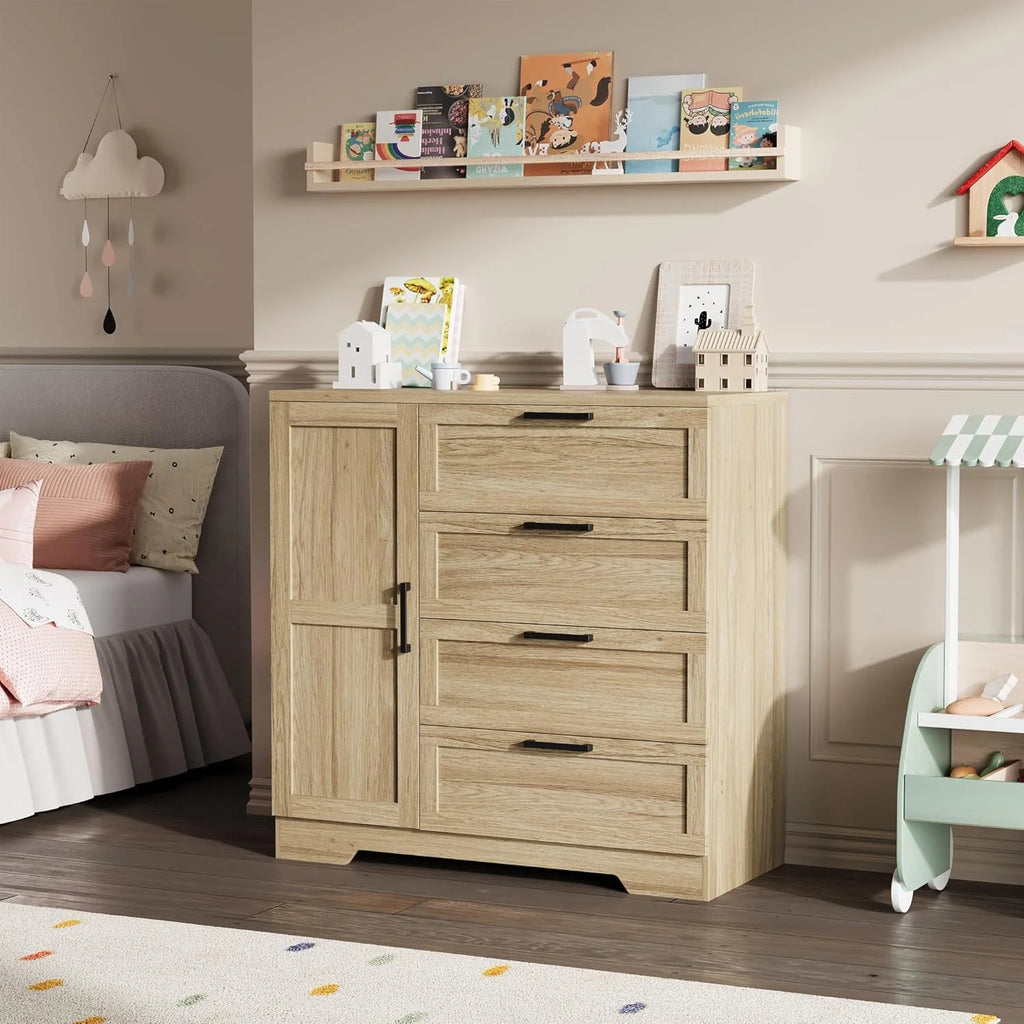 43.3 H Armoire Wardrobe Closet with 4 Drawers & Hanging Rod. Multifunctional Wood Storage Cabinet for Bedroom. Natural Oak