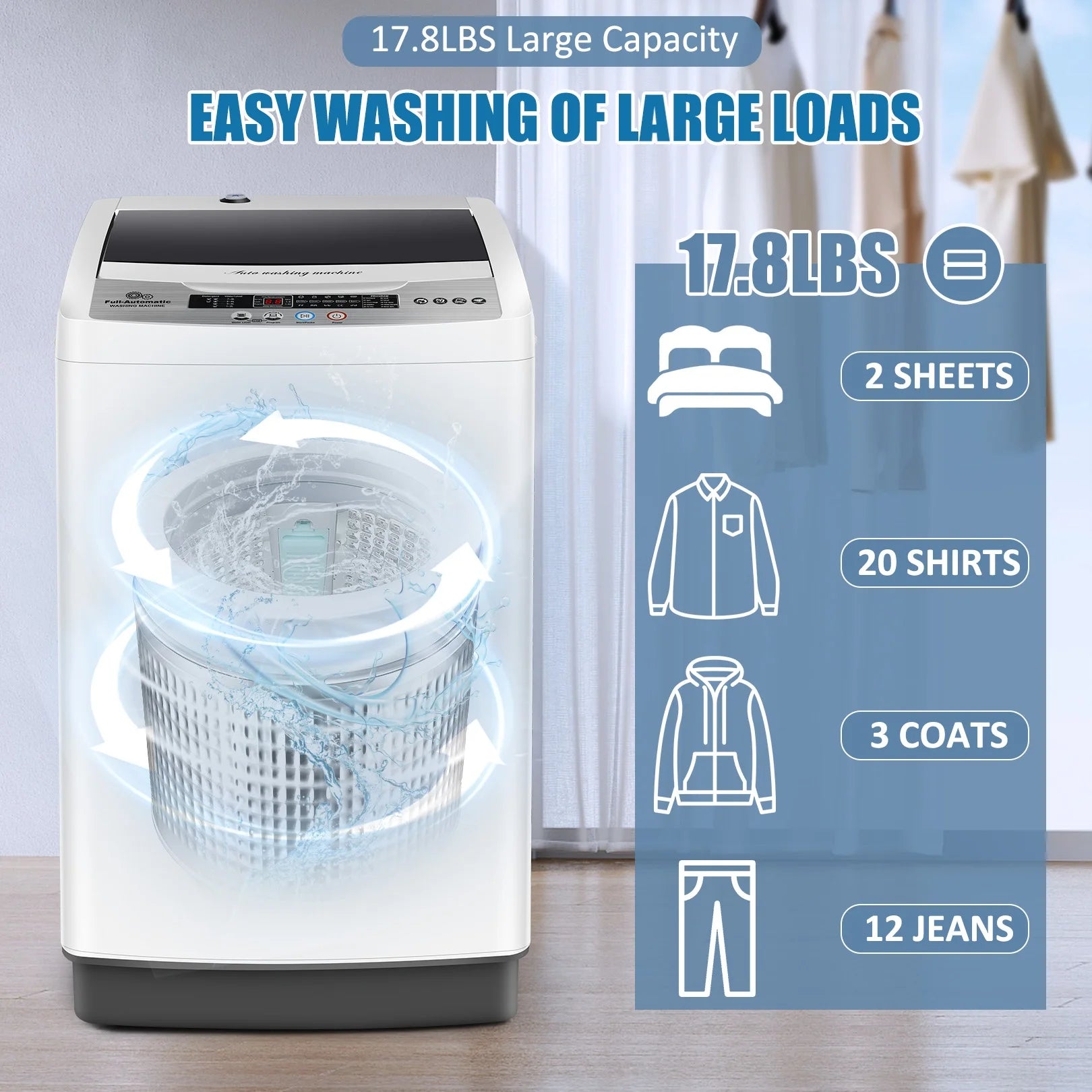Qhomic Portable Washing Machine. 17.8lbs Large Fully-Automatic Laundry Washer. 10 Washing Programs & 8 Water Levels Selections Machine Ideal for Apartments Dorms Families