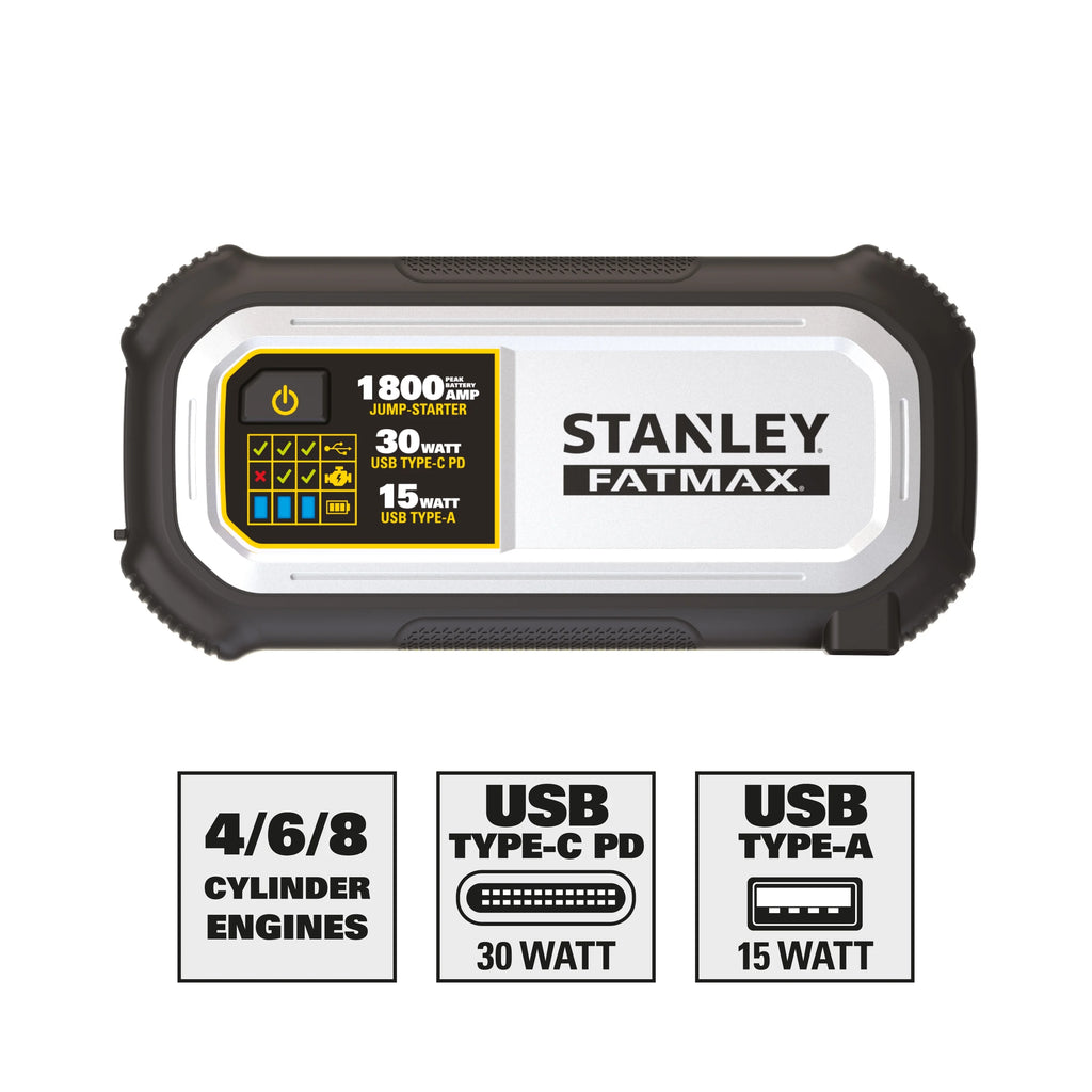 Stanley FatMax 1800A Lithium Jump Starter with 30W USB-C-PD In/Out and 15W USB-A Out. Includes Clamps