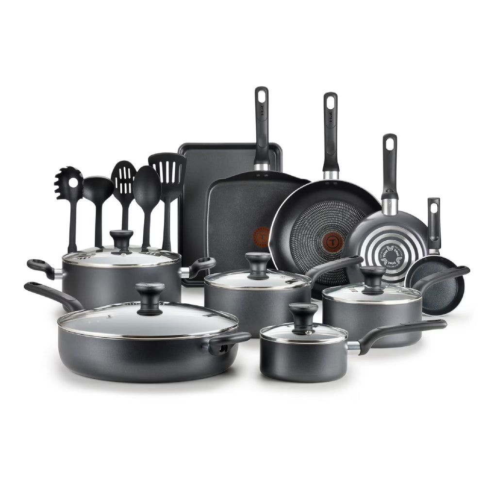T-fal Easy Care. 20 Piece Non-Stick Pots and Pans Cookware Set. Grey