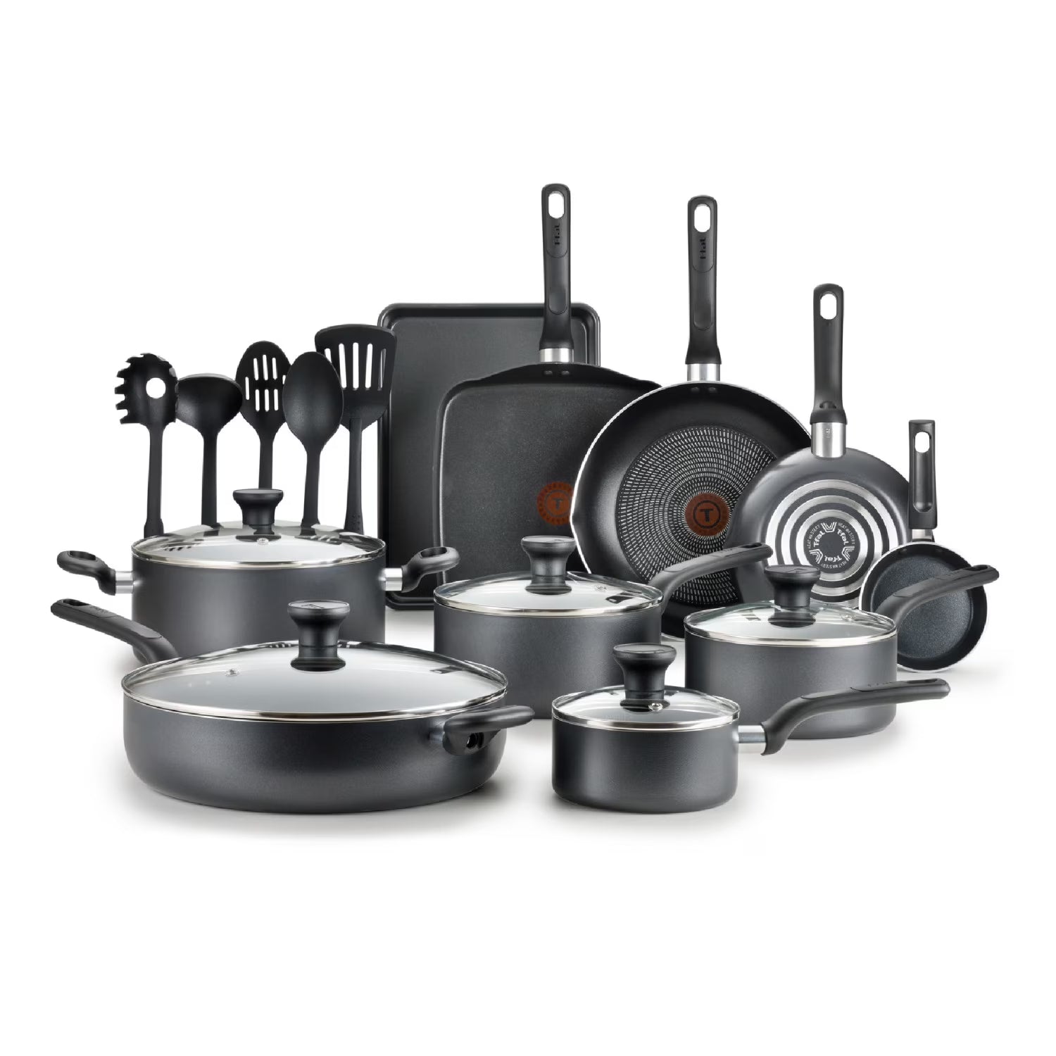 T-fal Easy Care. 20 Piece Non-Stick Pots and Pans Cookware Set. Grey