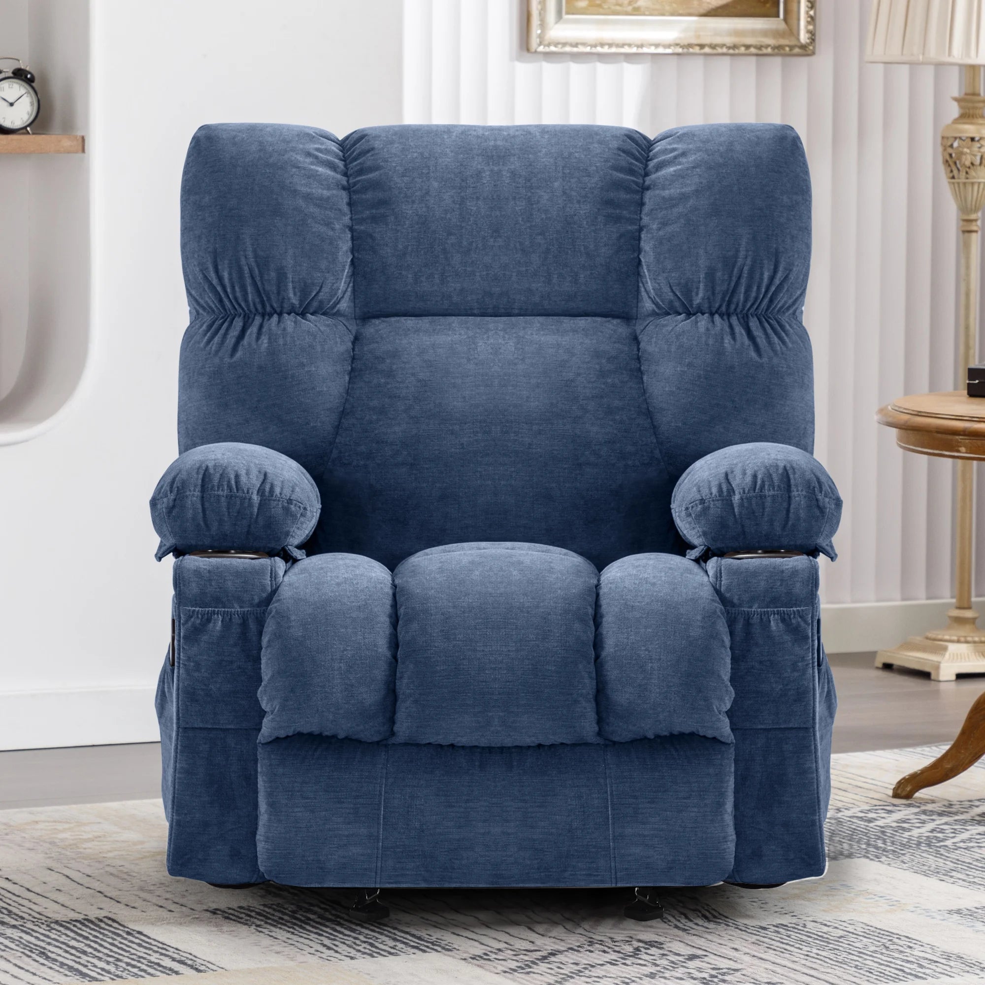 JONPONY Manual Recliner Chair with Heat Therapy and Massage Function. Heavy Duty Reclining Mechanism Massage Chair. Elderly Single Rocker Sofa with Cup Holders for Bedroom Home Theater.Grey