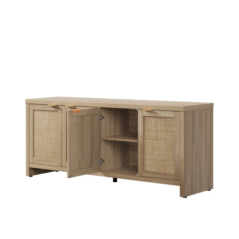SICOTAS 61.5W Rattan TV Stand with 4 Doors. Boho Entertainment Center with Adjustable Shelves & Spacious Countertop �C Large Boho Farmhouse Media Console for Living Room. Reclaimed Caramel Oak