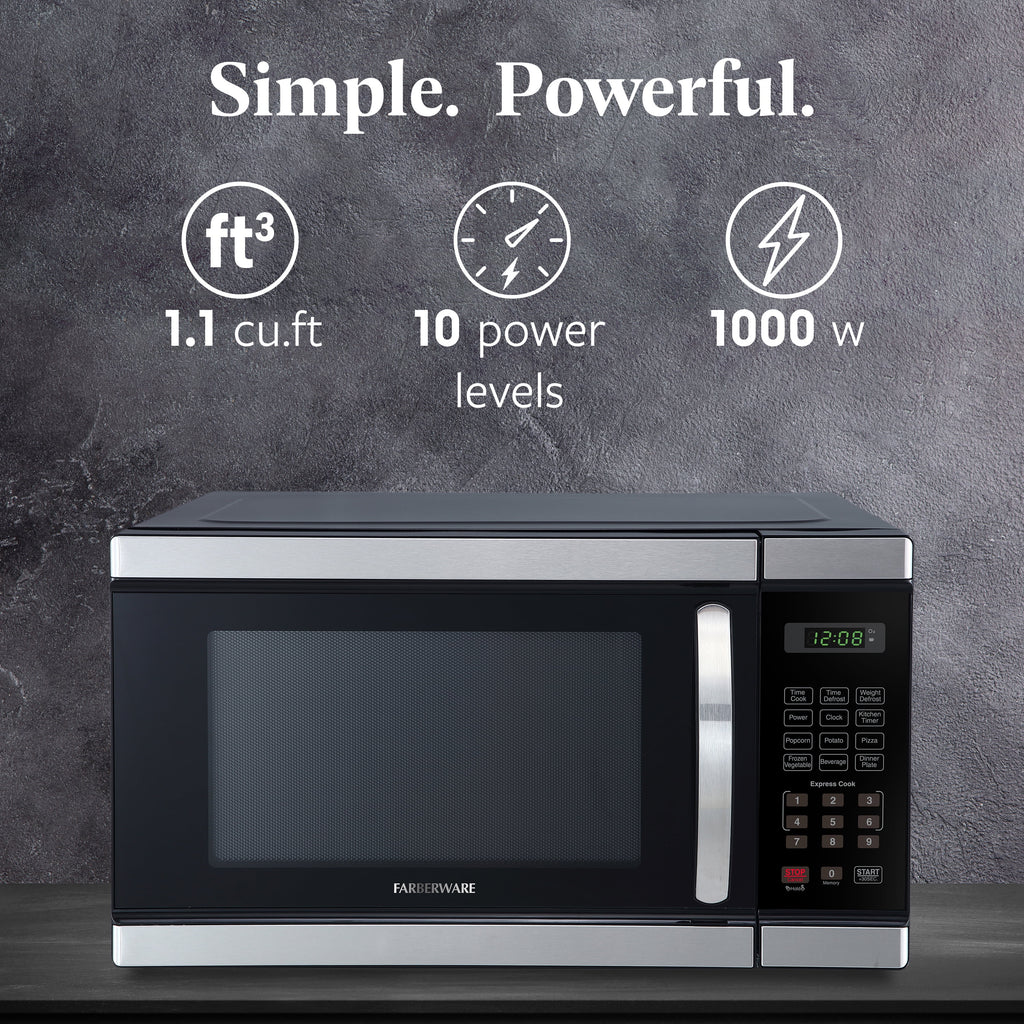 Farberware Countertop Microwave Ov 1100 Watts. 2.2 cu ft - Smart Sensor With LED Lighting and Child Lock - Perfect for Apartments and Dorms - Easy Clean Black Interior. Stainless Steel
