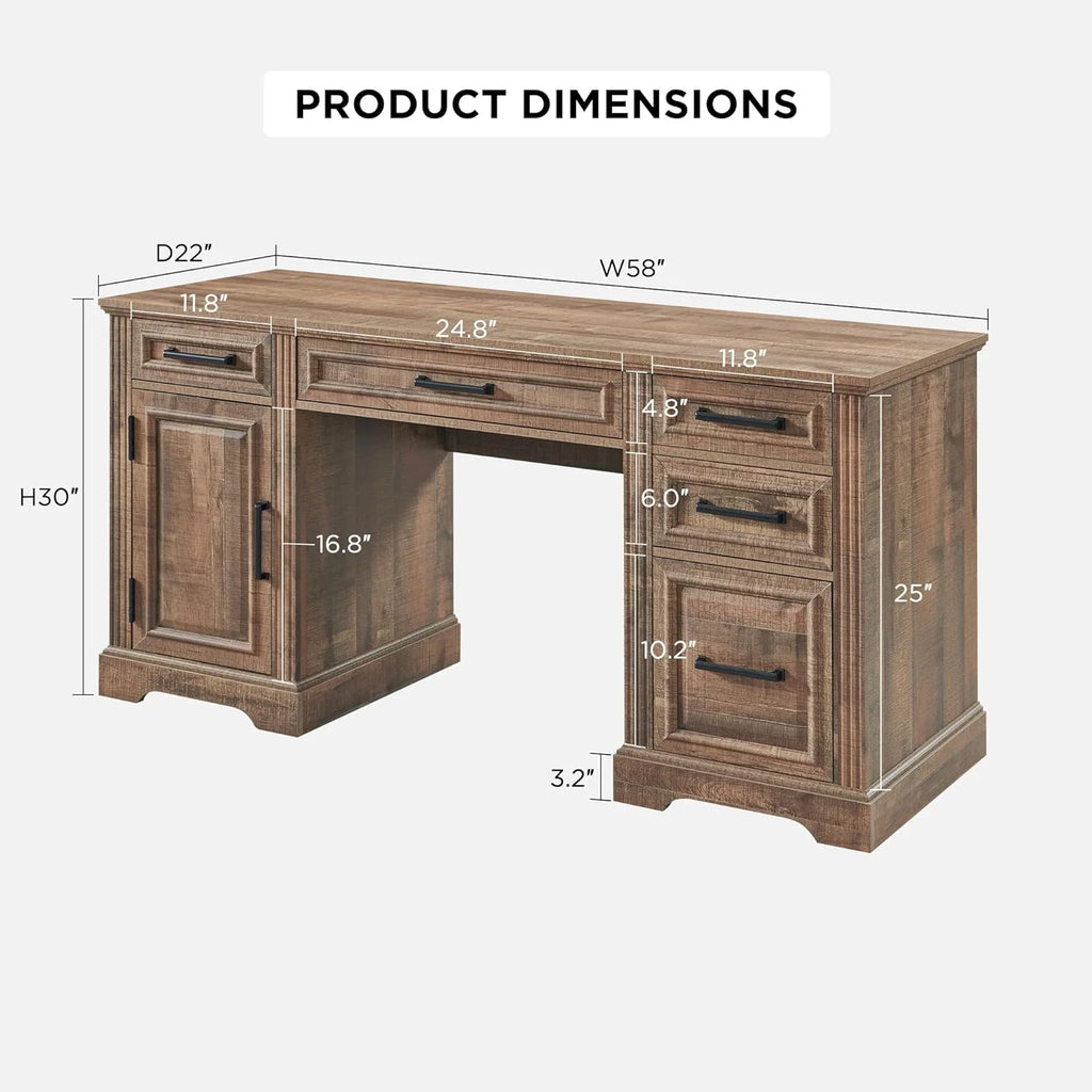 T4TREAM Farmhouse Wood 58 Executive Desk. Home Office 30 High Computer Desk with Drawers and Storage Cabinet. White