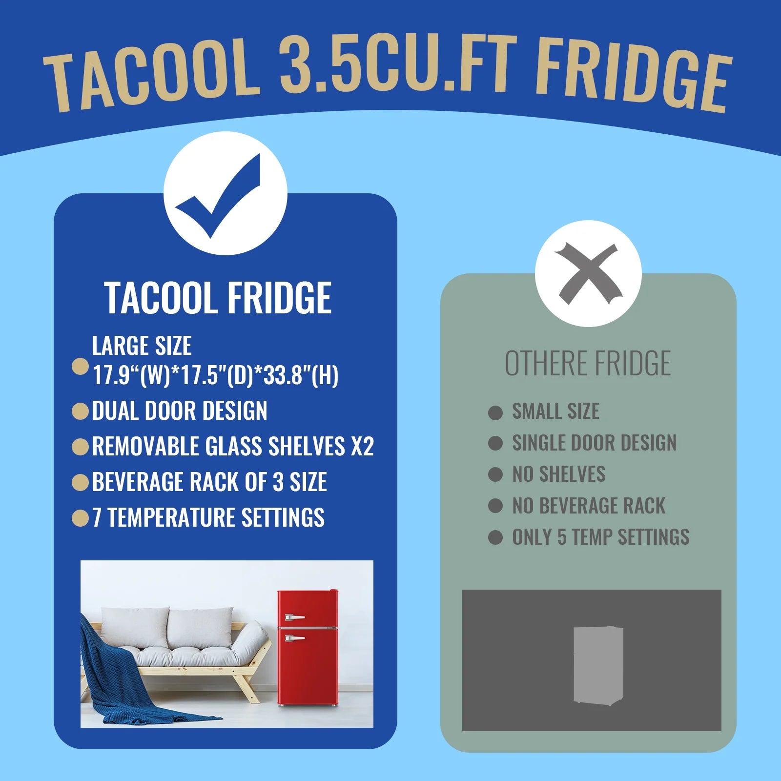 Tacool 3.5 Cu.ft Retro Mini Fridge with Freezer. 2 Door Small Refrigerator with 7 Adjustable Thermostat for Home. Blue