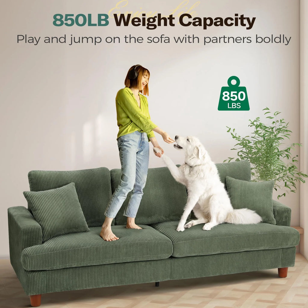 87 Corduroy Sofa.3 Seater Sofa with Extra Deep Seats.Neche Comfy Upholstered Couch for Living Room.2 Pillows.Green