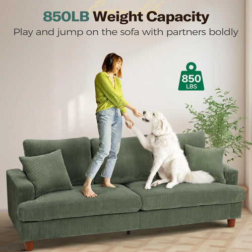 87 Corduroy Sofa.3 Seater Sofa with Extra Deep Seats.Neche Comfy Upholstered Couch for Living Room.2 Pillows.Green