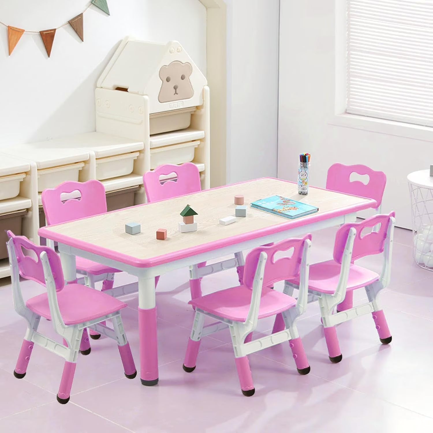 TROPOW Kids Table and Chairs.Height Adjustable Toddler Table and 6 Chair.Multi-Activity Table with Graffiti Desktop Non-Slip Legs for Ages 2-10.Children Activity Table for Daycare.Classroom.Blue