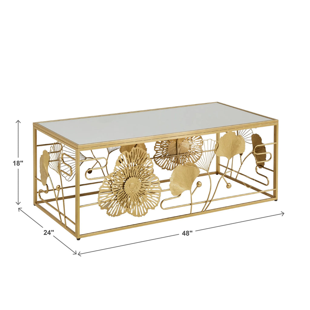 Weston Home Ditmas Glam Peony and Ginkgo Rectangular Coffee Table with Mirror Top. Gold